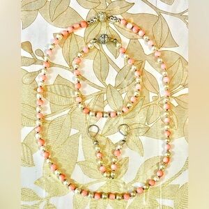 Lot Of 3 Coral Glass/ Faux Pearl Necklace Bracelet Earrings Handmade